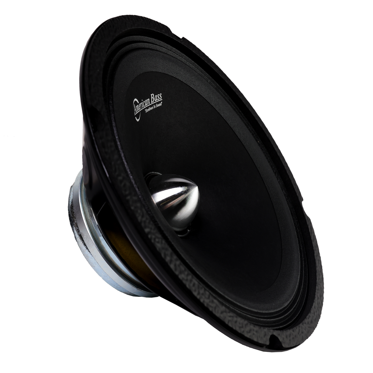An American Bass NEO 8" Midrange Speaker (400 Watts) with a metallic cone and "Emotion Bass" label is shown against a plain white background, featuring a powerful neodymium magnet.