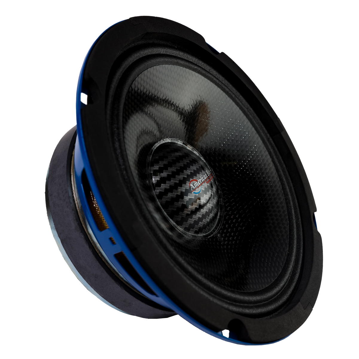 A close-up of American Bass Godfather 6.5 Carbon Cone Midrange Speakers (200 Watts, Pair) in black and blue, showing the carbon fiber pattern on the cone. Ideal for car audio enthusiasts seeking premium style and performance.