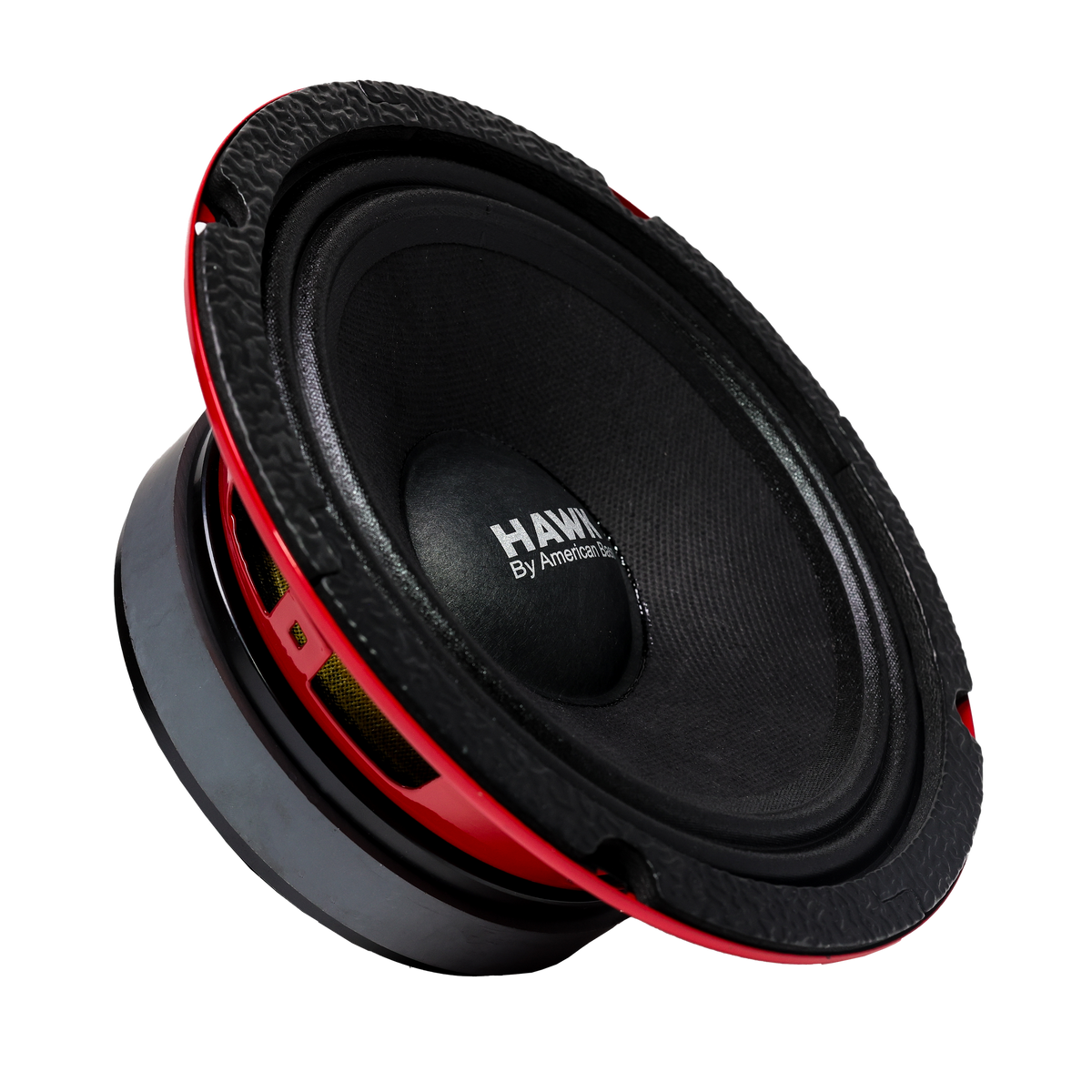 A black and red American Bass HAWK 6.5" Midrange Speaker (500 Watts) with a textured edge, angled to display its cone, outer casing, and center branding.
