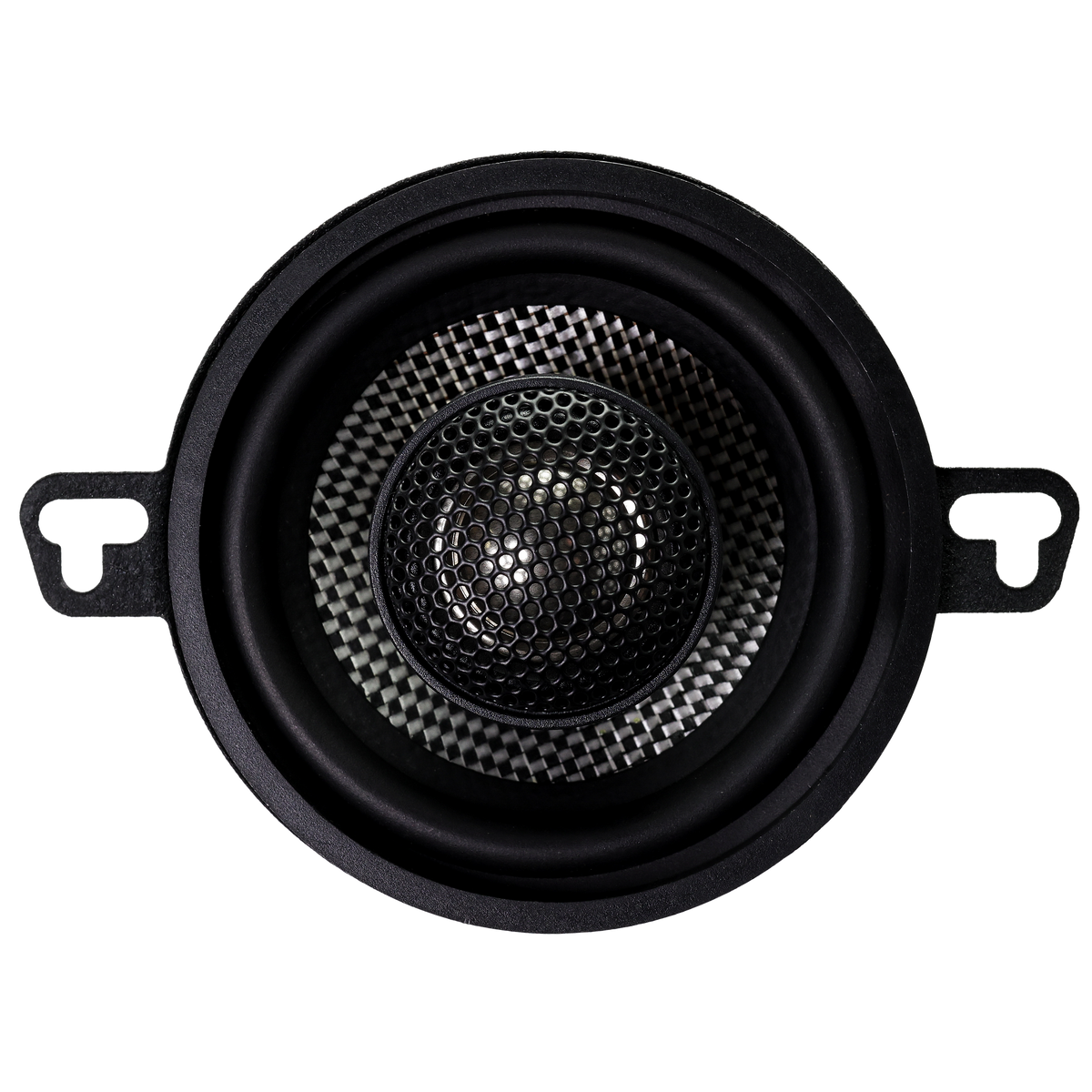 A close-up, top-down view of the American Bass SQ 3.5" Full Range Speakers (80W/pair) in black, featuring a textured dome center, circular frame, and dual mounting brackets—ideal for delivering high-quality audio.