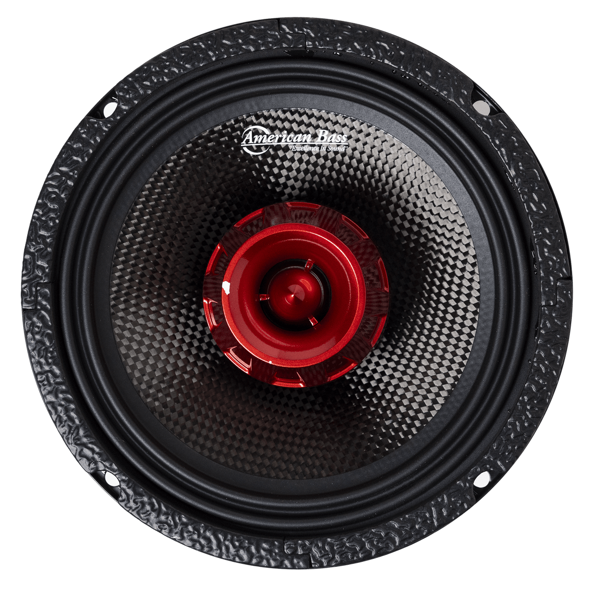 Close-up of the American Bass Biker Series 6.5" Midrange Speaker, a 400-watt round speaker with a carbon fiber cone and bold red center, shown on a white background.