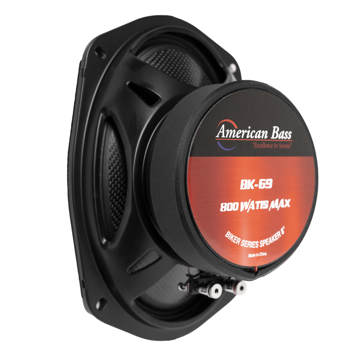 A close-up of the American Bass Biker Series 6x9 Midrange Speaker (400 Watts), featuring its label on a red background, with a black casing and visible speaker components.