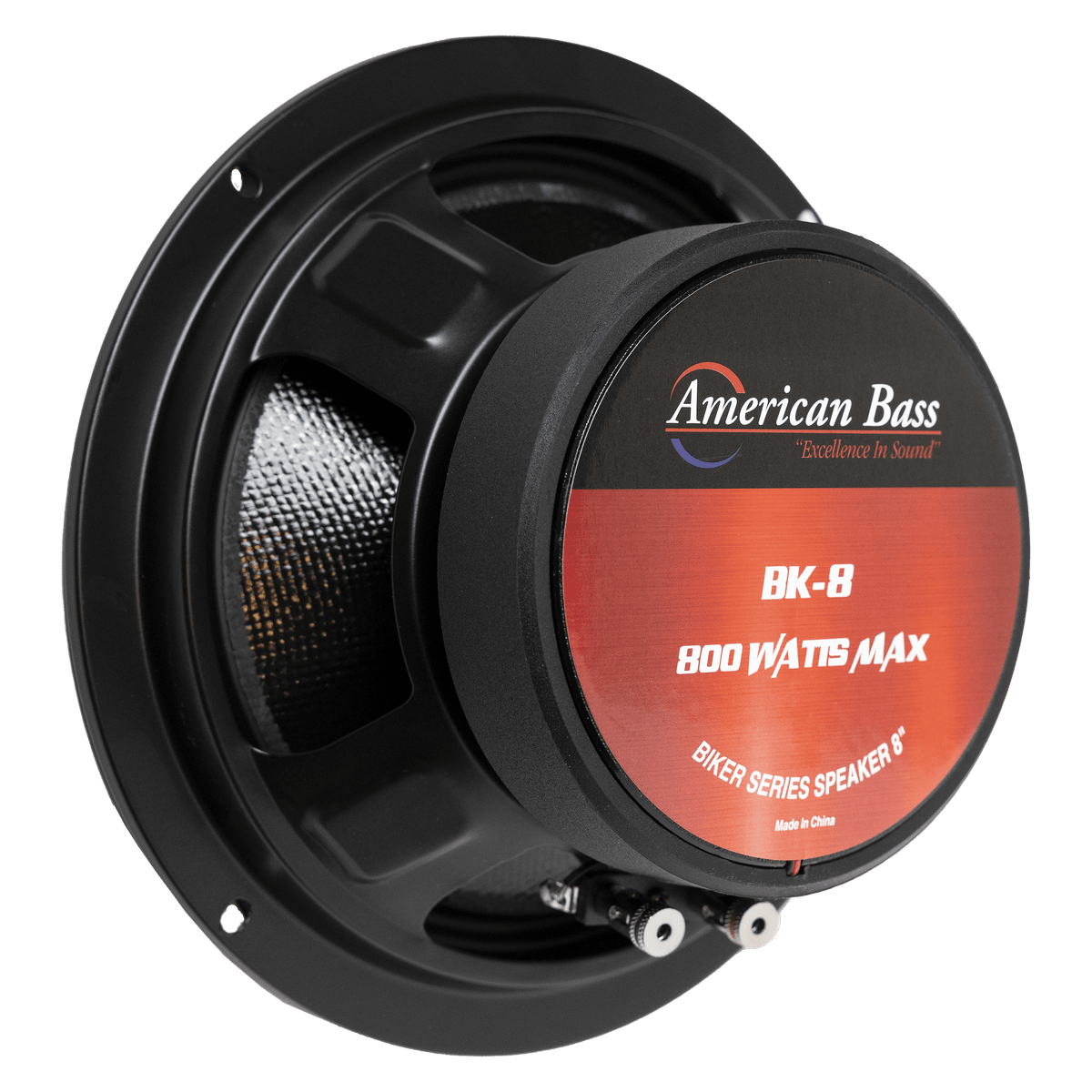 Side view of the American Bass Biker Series 8" Midrange Speaker (400 Watts), showcasing its carbon fiber cone, terminals, sturdy black metal frame, and a red-black label reading “800 WATTS MAX, 400W RMS.”.