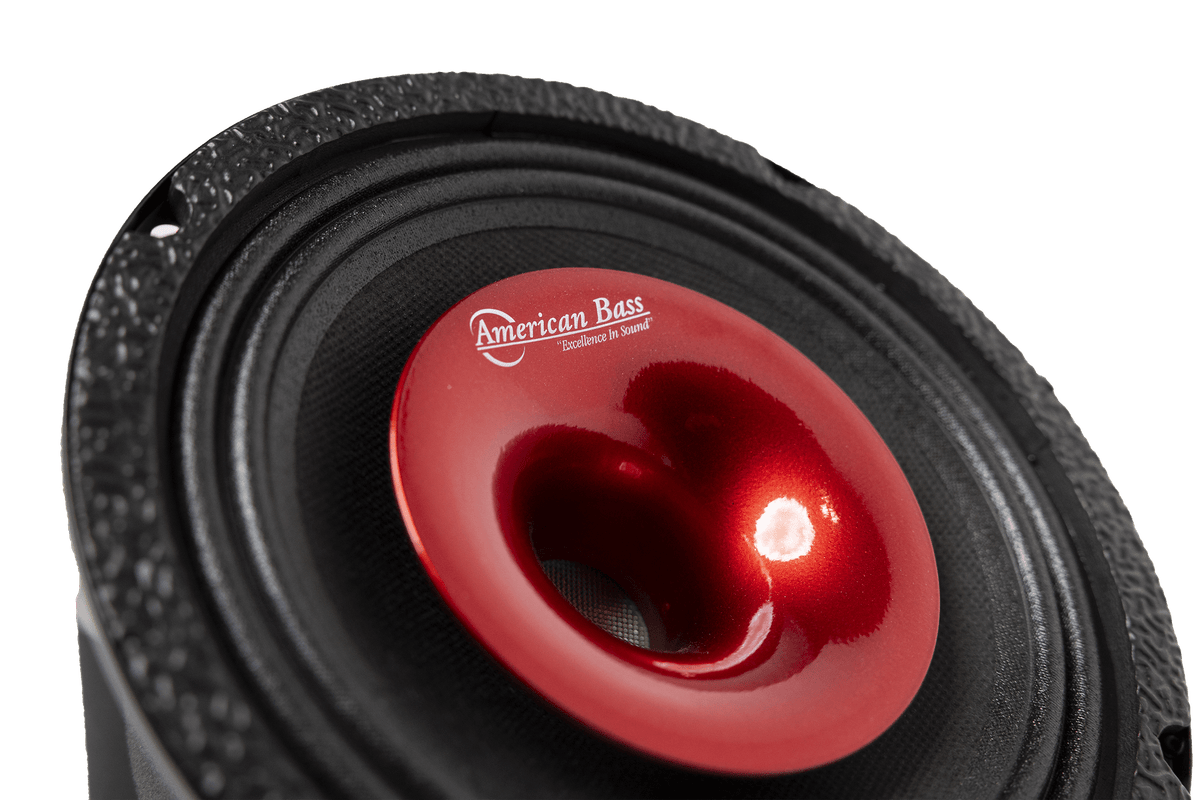 Close-up of the American Bass Falcon Series 6.5" Midrange Speaker (300 Watts) for high-output car audio, featuring a textured black frame, glossy red inner cone, and the brand name on the center cone.