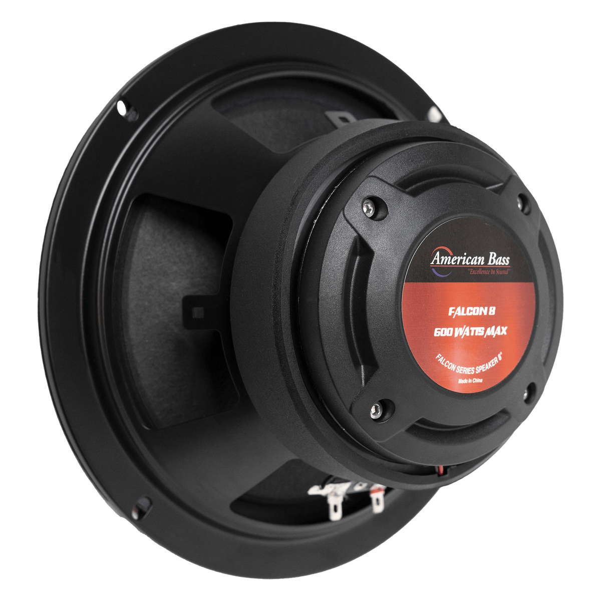 A black American Bass Falcon Series 8" midrange speaker is shown at an angle with a red Falcon 8 label, 300 Watts power rating, and exposed terminals—ideal for car or pro audio applications.