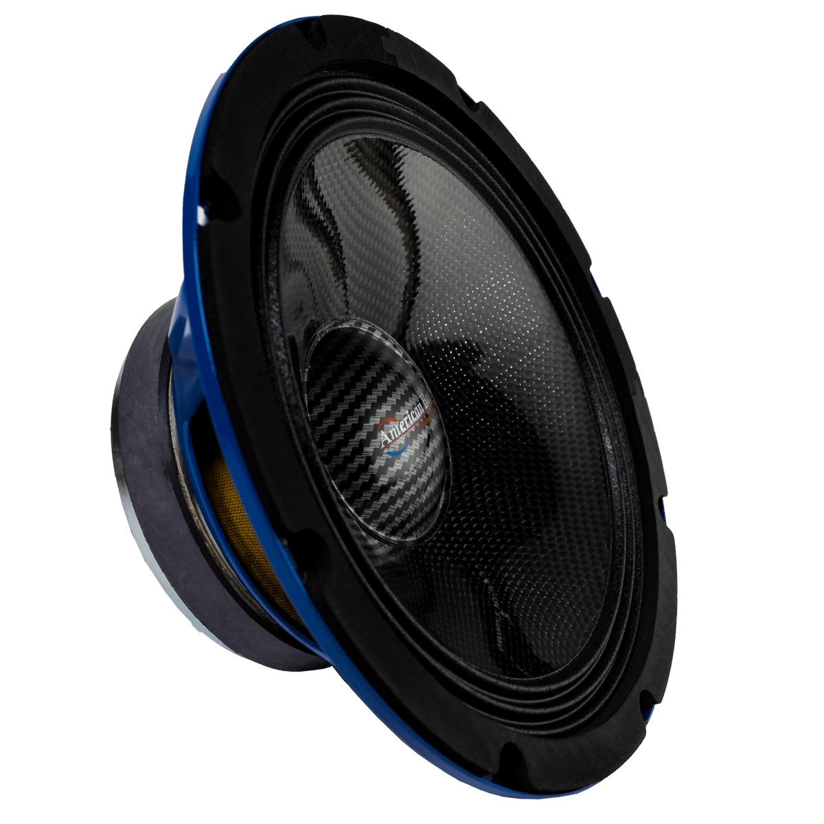 A close-up of the American Bass Godfather 8" Carbon Cone Midrange Speaker, featuring black and blue design with metallic accents, 200-watt power, on a white background.