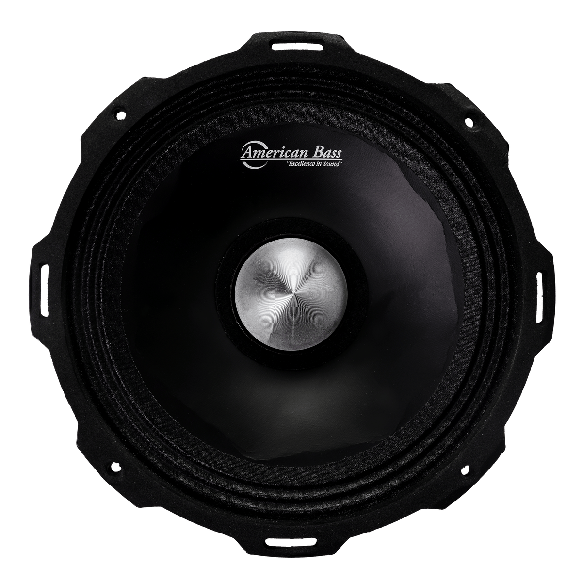 Close-up of the American Bass Godfather 8″ Midrange Speaker (400 Watts) with a metallic center and rugged edge featuring multiple mounting holes, designed for car audio, shown against a plain white background.