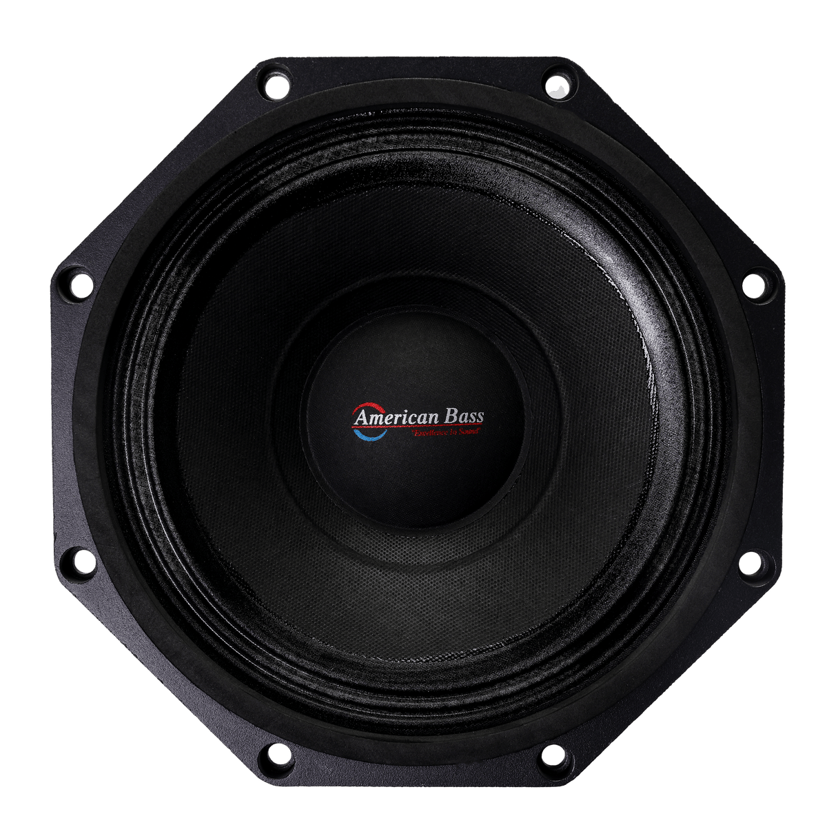 Close-up of the American Bass Godfather Pro Cast 8" Midbass Speaker (250 Watts) with center branding, shown front-facing on a white background—perfect for car audio enthusiasts.