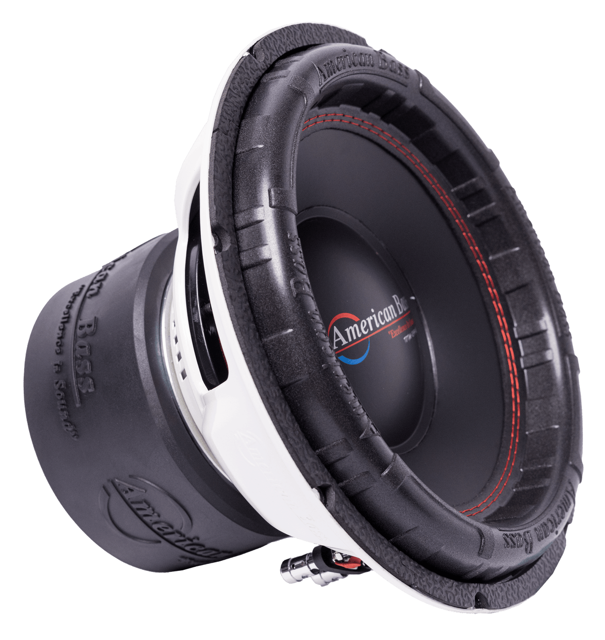An American Bass TITAN 12″ Car Subwoofer (Dual Voice Coil, 4 Ohm) with a rugged black and white design, visible wiring terminals, red stitching on the cone, and an 800-watt RMS power rating, displayed against a plain light background.