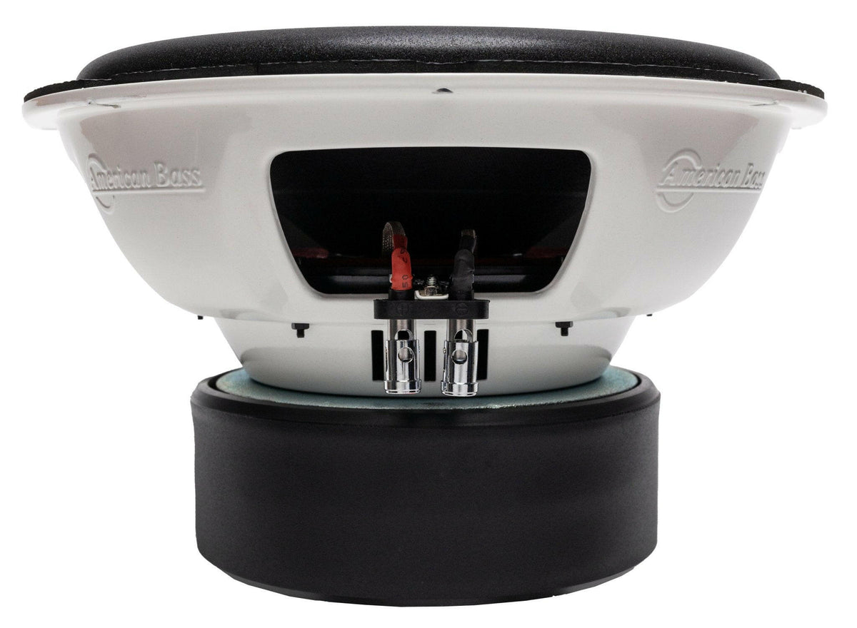 A close-up view of the American Bass TITAN 12″ Car Subwoofer | Dual Voice Coil 4 Ohm highlights the rear connections and a black protective cover at the base. This high-performance car audio subwoofer delivers 800 watts RMS, with the American Bass branding clearly visible on the side.