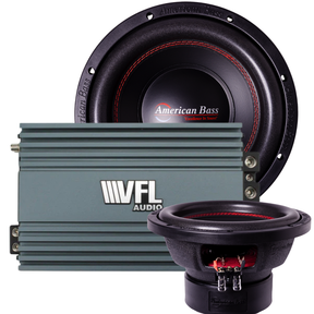 Introducing the Ground Pound Bundle from American Bass Audio — this entry-level bass package includes two DX 10″ subwoofers, each finished in black with eye-catching red stitching and proudly displaying the American Bass name. The bundle also comes with the powerful VFL Rebel REBEL-3000.1 monoblock amplifier in gray, featuring a sleek white VFL Audio logo.