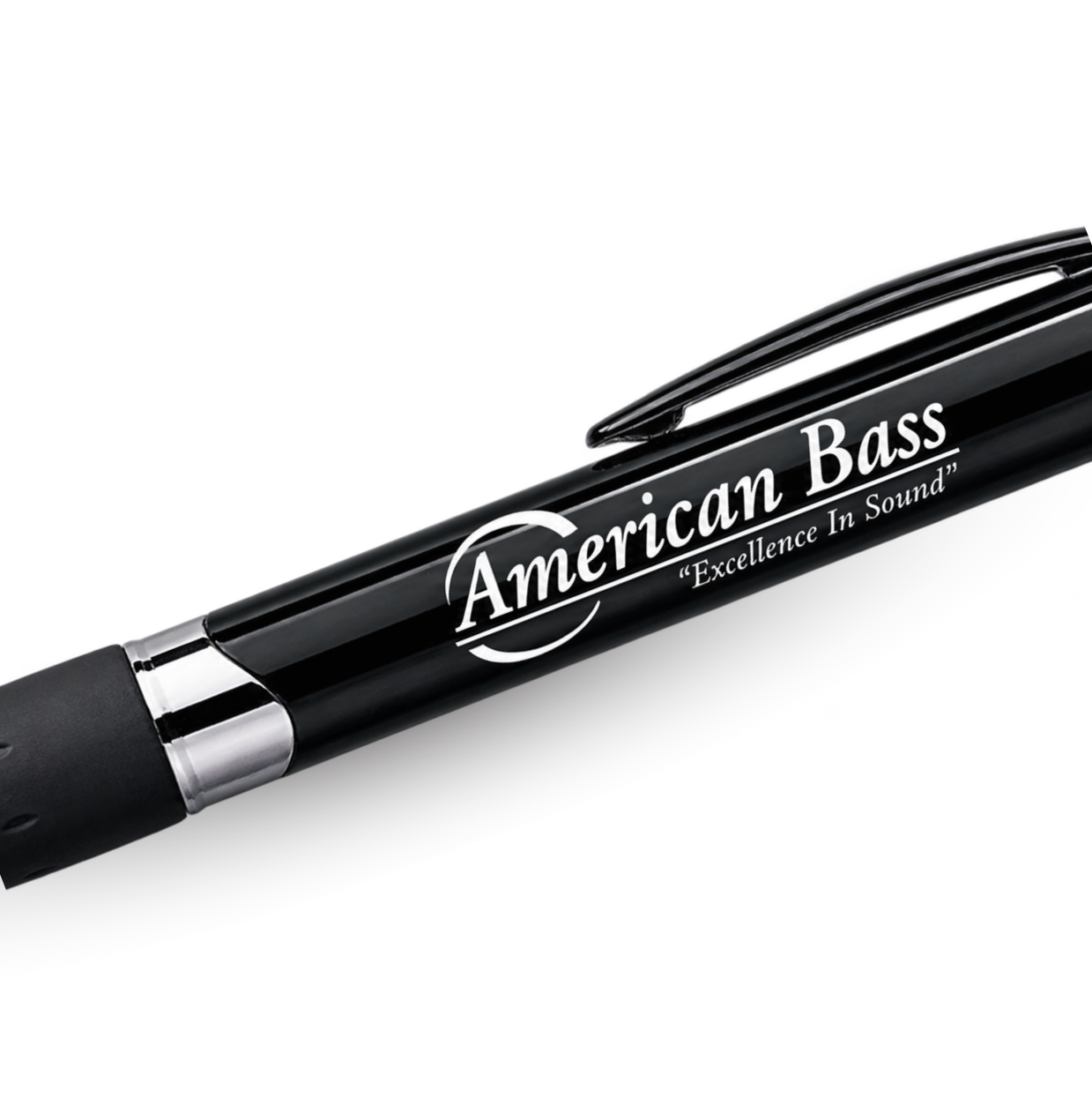 The Cubano Pen - Black & Silver by American Bass Audio features a sleek black barrel with silver clip and tip, and is printed in white with the words “American Bass Excellence In Sound” along the side—making it an ideal dealer swag item or a standout giveaway for trade shows.