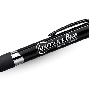 The Cubano Pen - Black & Silver by American Bass Audio features a sleek black barrel with silver clip and tip, and is printed in white with the words “American Bass Excellence In Sound” along the side—making it an ideal dealer swag item or a standout giveaway for trade shows.