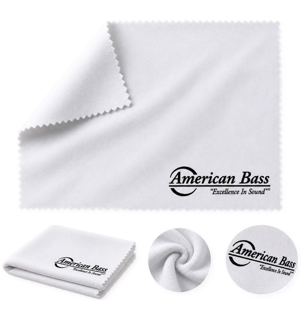 American Bass Audio Multipurpose Cleaning Cloth – 8″ x 8″, made from white microfiber with scalloped edges, featuring the American Bass logo and “Excellence In Sound” in black. Three inset images show this versatile cloth folded, twisted, and provide a close-up of the logo.