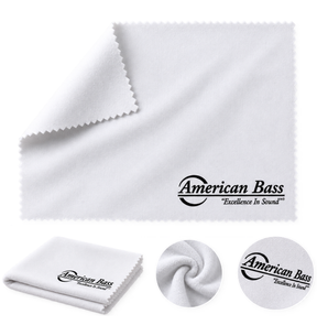 American Bass Audio Multipurpose Cleaning Cloth – 8″ x 8″, made from white microfiber with scalloped edges, featuring the American Bass logo and “Excellence In Sound” in black. Three inset images show this versatile cloth folded, twisted, and provide a close-up of the logo.