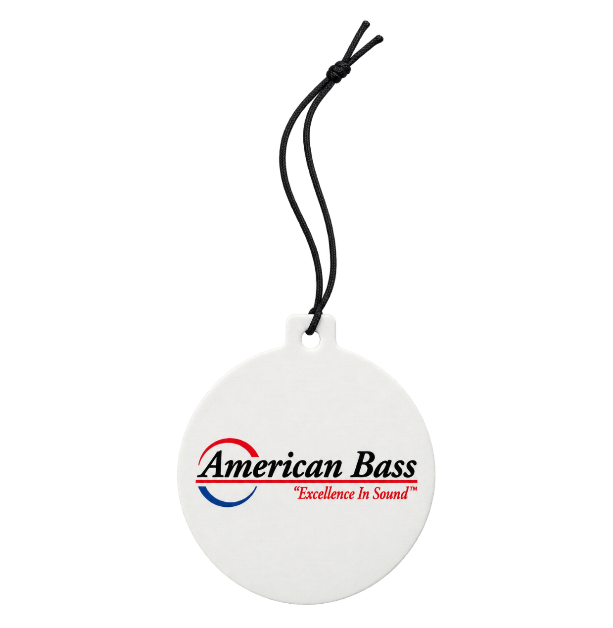 Experience lasting freshness with the American Bass Hanging Air Freshener - Clean n Fresh from American Bass Audio. This round white air freshener features a black string for easy hanging, along with the iconic American Bass logo and the slogan “Excellence In Sound” in bold red lettering, accented by a dynamic red and blue swoosh graphic. Enjoy a Clean n Fresh scent every time you use it.