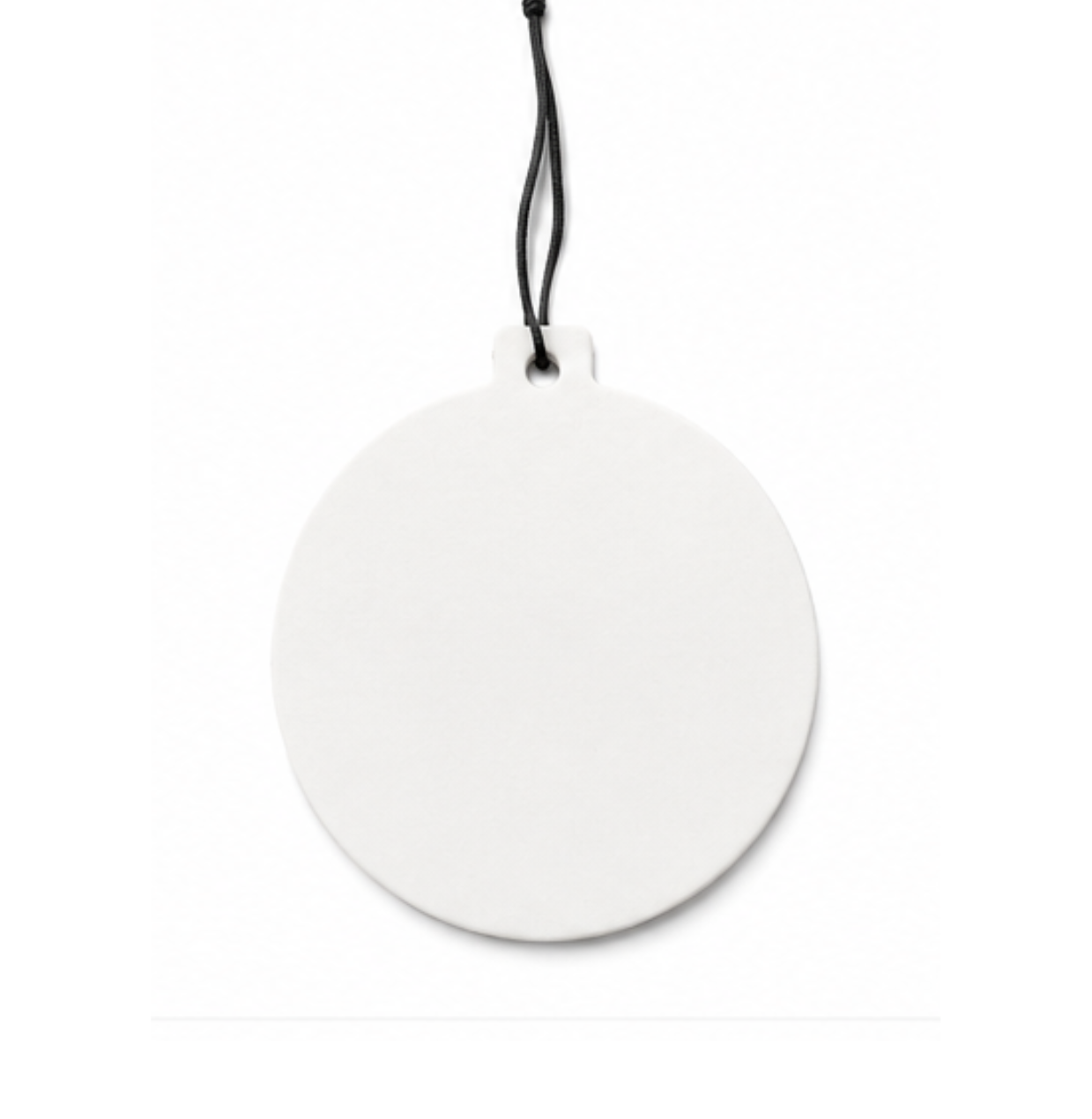 A round, white American Bass Hanging Air Freshener – Clean n Fresh by American Bass Audio, featuring a small hole at the top and suspended from a thin black string against a plain white background—ideal for personalization or displaying the iconic American Bass logo.