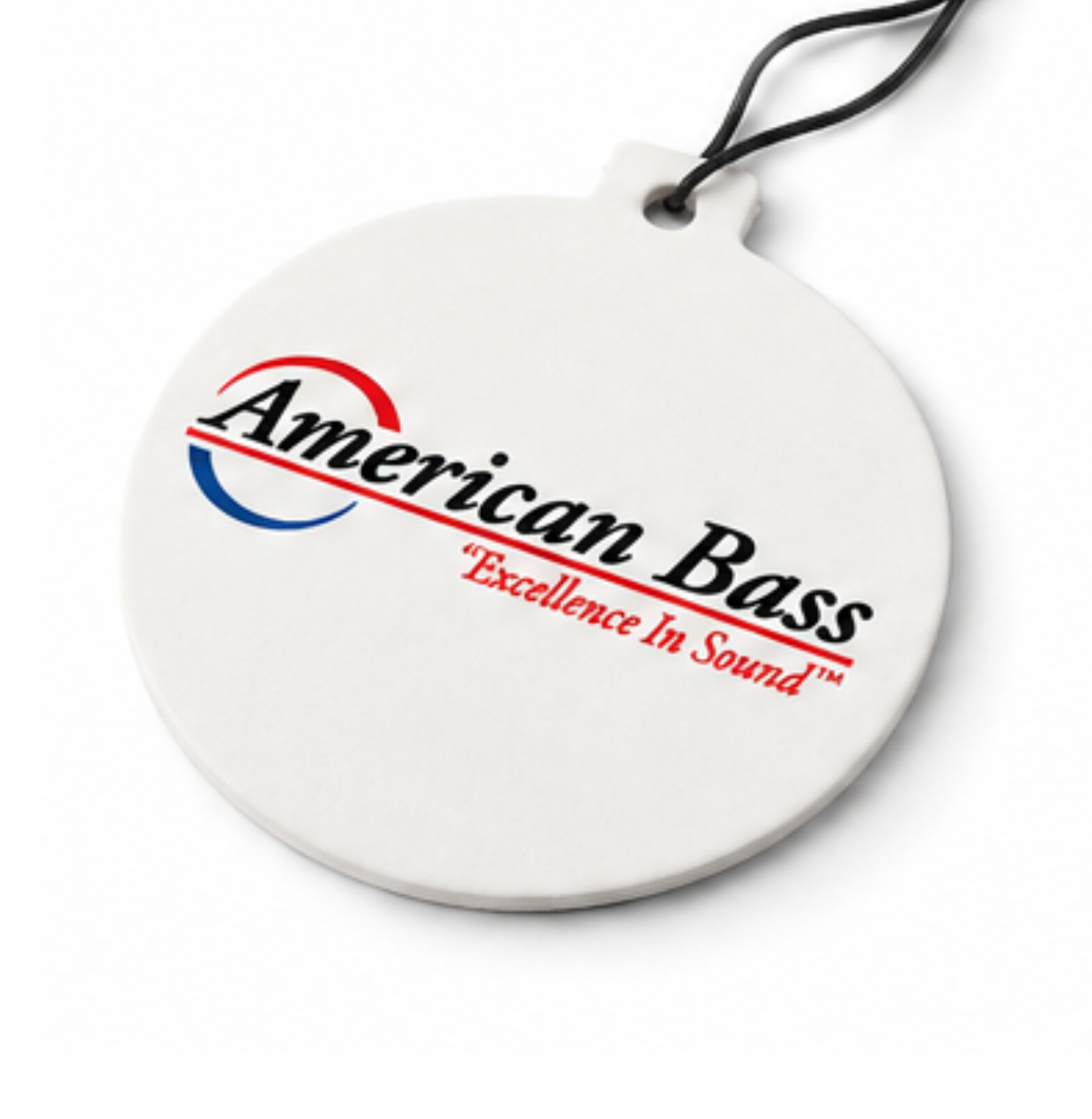 Introducing the American Bass Hanging Air Freshener - Clean n Fresh by American Bass Audio—a round, white air freshener with a string for easy hanging. It showcases the iconic American Bass logo and the slogan “Excellence In Sound” in bold red text below. Experience a refreshing Clean n Fresh scent every time you enter your car.