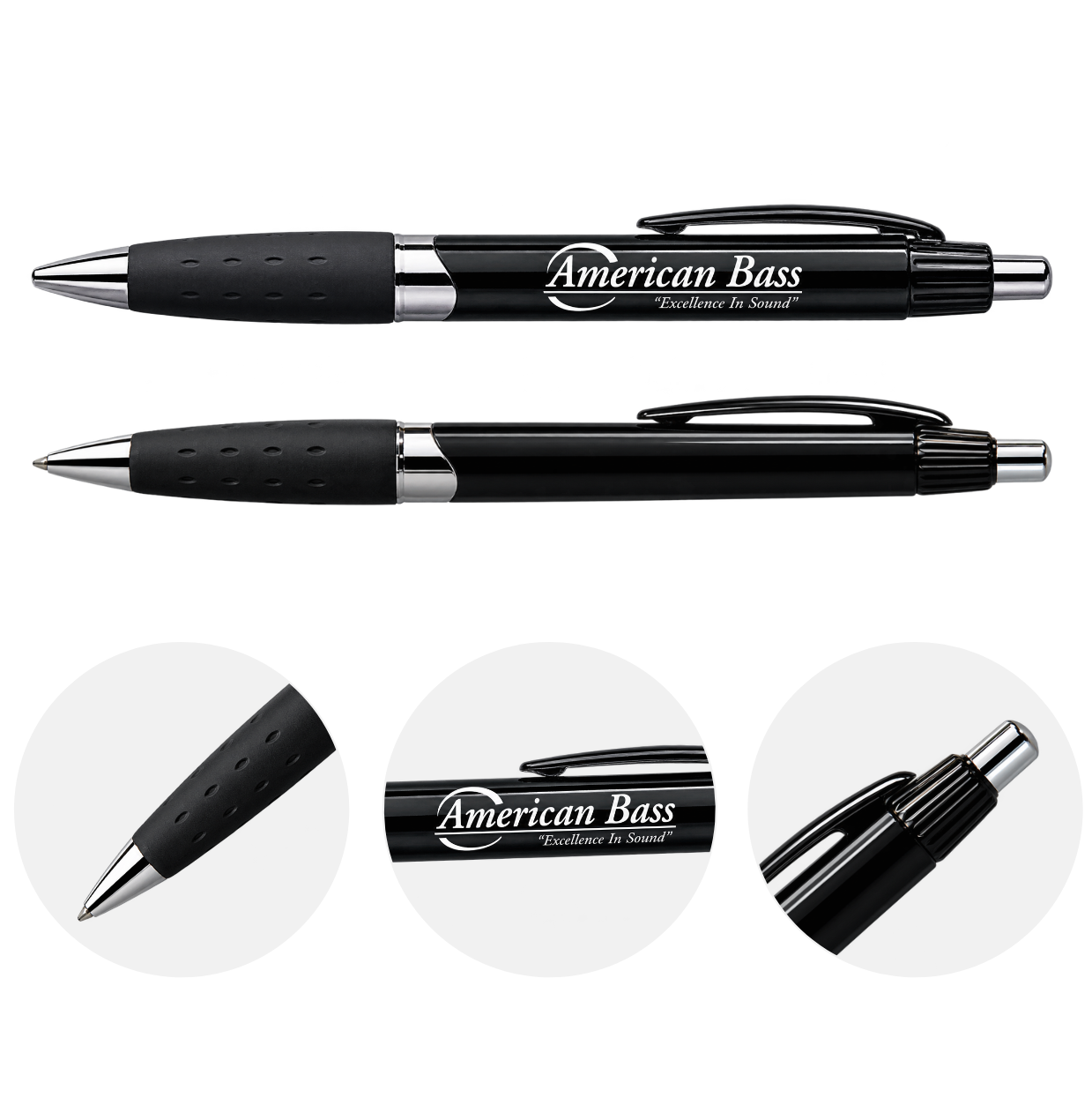 Cubano Pen – Black & Silver with sleek silver accents, features the American Bass Audio logo and “Excellence in Sound” printed on the barrel—making it an ideal trade show giveaway or dealer swag item. Three close-up images showcase the pen’s tip, branded barrel, and clicker mechanism.
