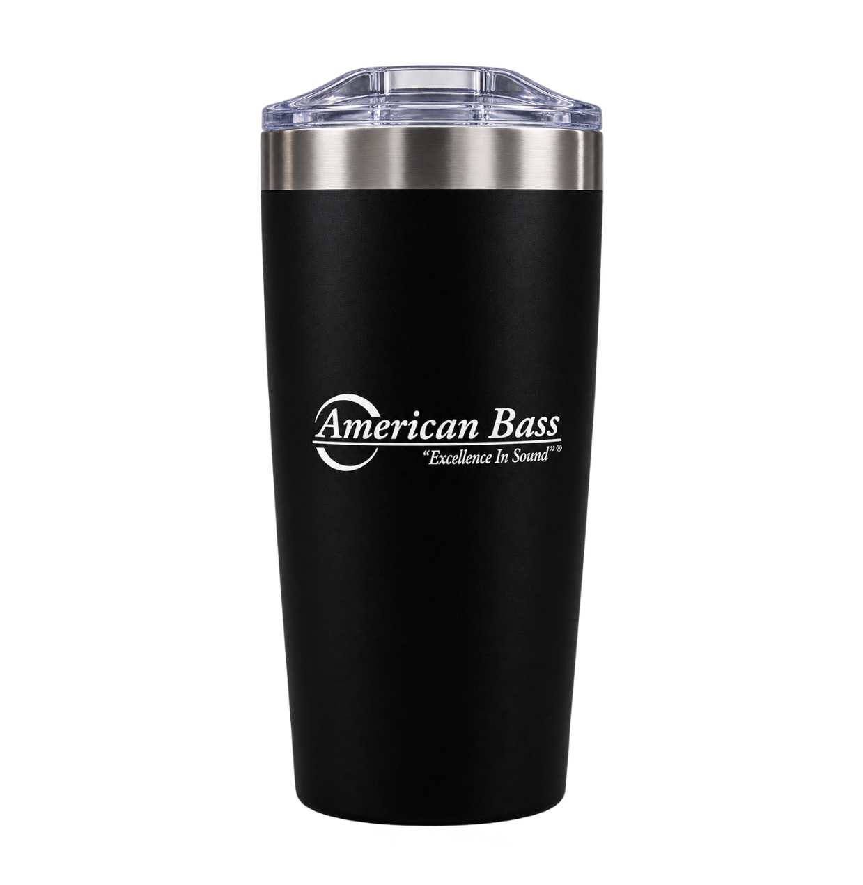 The American Bass Audio Yowie Vacuum Tumbler - 18 oz is a sleek black, vacuum-insulated tumbler with a clear lid. It features the American Bass logo and the slogan “Excellence in Sound” printed in white on the front, making it perfect for keeping your drinks hot or cold while showing your passion for quality sound.