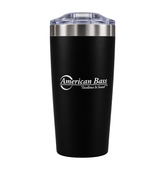 The American Bass Audio Yowie Vacuum Tumbler - 18 oz is a sleek black, vacuum-insulated tumbler with a clear lid. It features the American Bass logo and the slogan “Excellence in Sound” printed in white on the front, making it perfect for keeping your drinks hot or cold while showing your passion for quality sound.