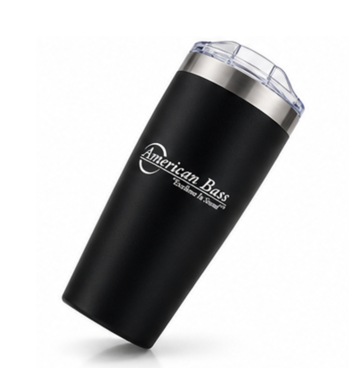 The American Bass Audio Yowie Vacuum Tumbler - 18 oz is a black, vacuum-insulated tumbler with a clear lid and stainless steel rim, featuring the American Bass logo and the words “Excellence in Sound” printed in white on the side.