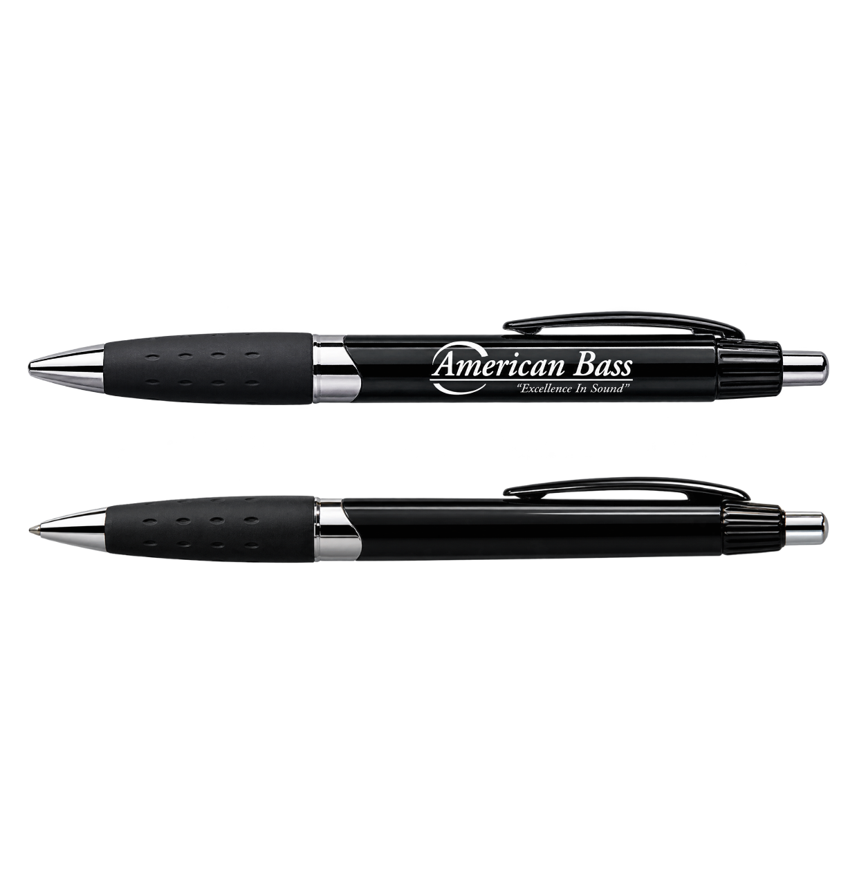 Two Cubano Pen - Black & Silver pens with silver accents and rubber grips are displayed side by side. The top pen features “American Bass Audio Excellence in Sound” printed in white, while the bottom pen is blank. Both pens include pocket clips—making them an ideal choice for dealer swag or trade show giveaways at your next event.