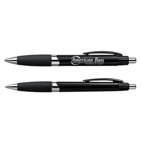 Two Cubano Pen - Black & Silver pens with silver accents and rubber grips are displayed side by side. The top pen features “American Bass Audio Excellence in Sound” printed in white, while the bottom pen is blank. Both pens include pocket clips—making them an ideal choice for dealer swag or trade show giveaways at your next event.