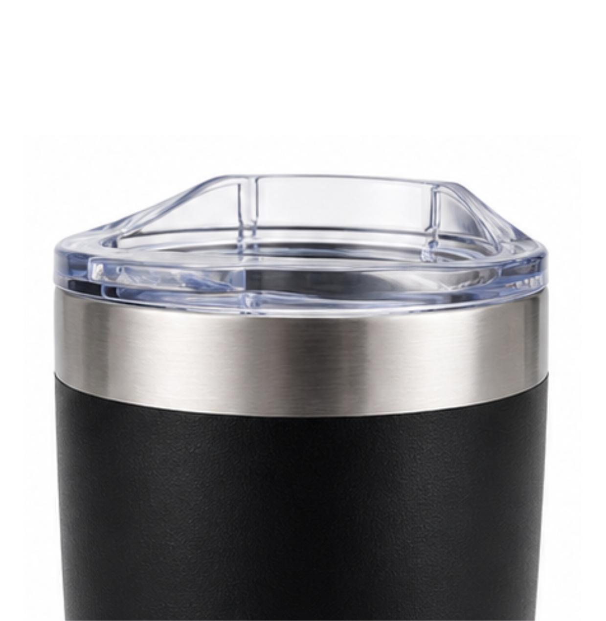 A close-up of the American Bass Yowie Vacuum Tumbler - 18 oz by American Bass Audio, featuring a black vacuum insulated design with a stainless steel rim and a clear plastic lid, set against a white background. This stylish travel mug is perfect for keeping your beverages at the ideal temperature, seamlessly blending function and style.