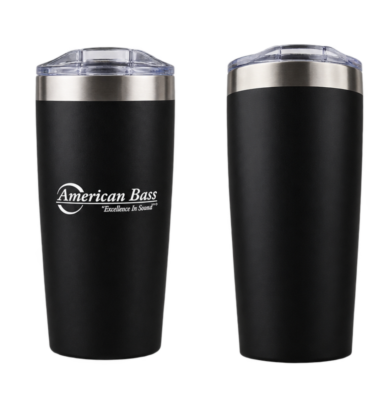 Enjoy your drinks on the go with this set of two 18 oz American Bass Yowie Vacuum Tumblers from American Bass Audio, both featuring sleek black designs with stainless steel rims and clear lids. The tumbler on the left showcases the distinctive American Bass logo and the slogan “Excellence in Sound!”, while the right tumbler remains blank for a clean, minimalist aesthetic.