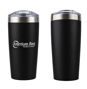 Enjoy your drinks on the go with this set of two 18 oz American Bass Yowie Vacuum Tumblers from American Bass Audio, both featuring sleek black designs with stainless steel rims and clear lids. The tumbler on the left showcases the distinctive American Bass logo and the slogan “Excellence in Sound!”, while the right tumbler remains blank for a clean, minimalist aesthetic.