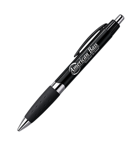 Introducing the Cubano Pen - Black & Silver by American Bass Audio: a sleek retractable ballpoint with silver accents and a comfortable rubber grip. The barrel is imprinted in white with the American Bass logo and “Excellence In Sound,” making it an ideal dealer swag item or trade show giveaway.