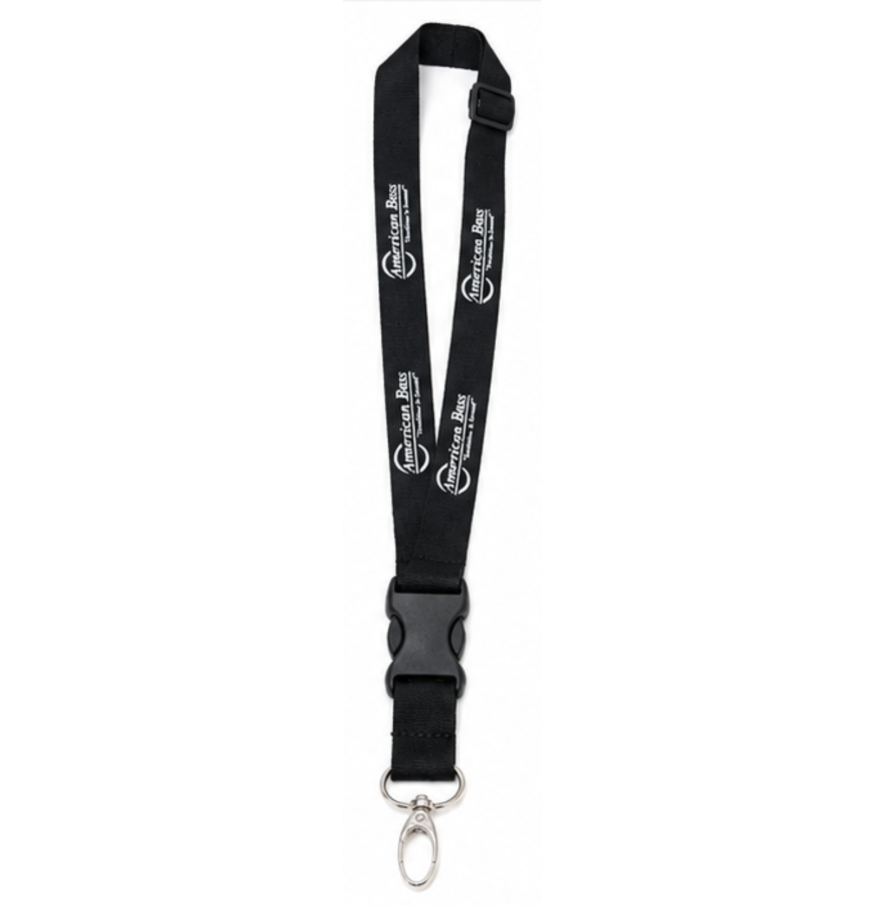 The American Bass “Hang In There” Lanyard by American Bass Audio is a 40-inch black lanyard with a metal swivel clasp and plastic buckle, featuring repeated white logos and text. It’s an ideal trade show badge holder for professional events.