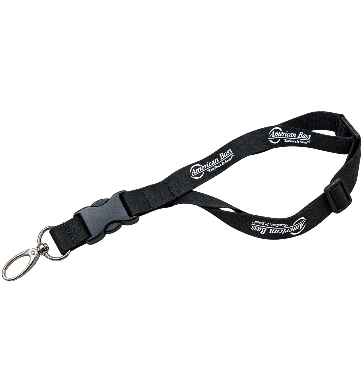 The American Bass Audio “Hang In There” Lanyard is a 40-inch black lanyard featuring a metal clip, plastic buckle, and the American Bass logo with their slogan in white text repeating along the strap—making it an ideal and stylish badge holder for trade shows.