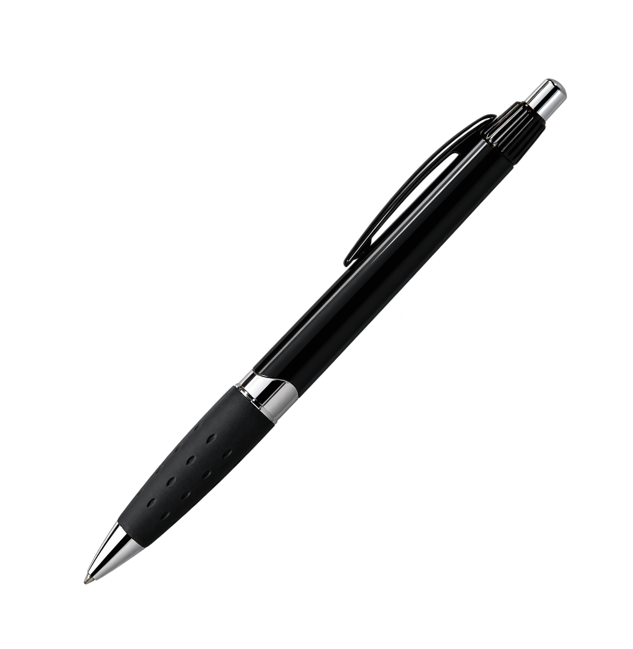 The American Bass Audio Cubano Pen - Black & Silver, featuring a sleek silver clip and tip, is shown lying diagonally on a white background and makes an excellent choice for a trade show giveaway or dealer swag item.