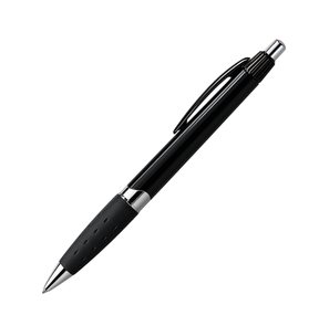 The American Bass Audio Cubano Pen - Black & Silver, featuring a sleek silver clip and tip, is shown lying diagonally on a white background and makes an excellent choice for a trade show giveaway or dealer swag item.