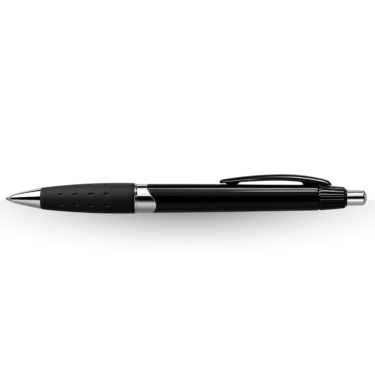 The American Bass Audio Cubano Pen - Black & Silver is a retractable ballpoint pen featuring a black rubber grip, sleek silver tip, and convenient pocket clip—ideal for trade show giveaways or dealer swag—displayed against a white background.