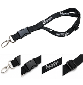 The American Bass Audio “Hang In There” Lanyard (40 inches) is a black lanyard with metal clasp and plastic buckle, showcasing the American Bass logo and the slogan “Excellence in Sound” in bold white text. Ideal as a trade show badge holder or everyday accessory, this American Bass lanyard combines style and practicality. Four close-up images highlight the clasp, buckle, logo, and adjustable slider details.