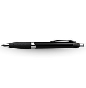 The American Bass Audio Cubano Pen - Black & Silver is a retractable ballpoint pen featuring a black rubber grip, sleek silver tip, and convenient pocket clip—ideal for trade show giveaways or dealer swag—displayed against a white background.