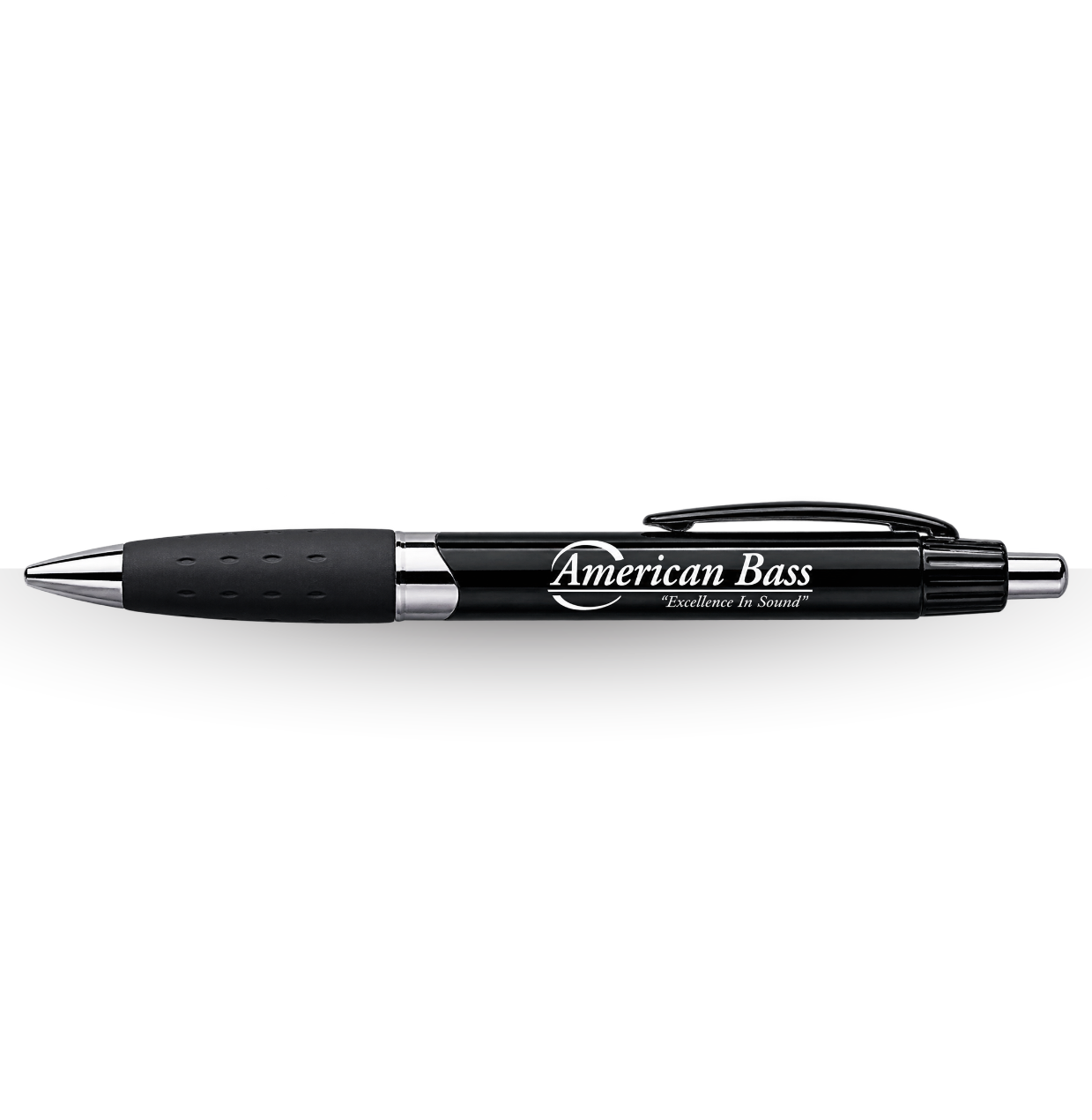 A black & silver Cubano Pen from American Bass Audio, featuring a retractable design with a silver tip and clip. The barrel showcases the American Bass Excellence in Sound logo printed in white, and the pen is equipped with a textured black rubber grip—making it an ideal dealer swag item or trade show giveaway.