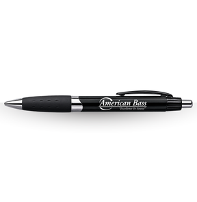 A black & silver Cubano Pen from American Bass Audio, featuring a retractable design with a silver tip and clip. The barrel showcases the American Bass Excellence in Sound logo printed in white, and the pen is equipped with a textured black rubber grip—making it an ideal dealer swag item or trade show giveaway.