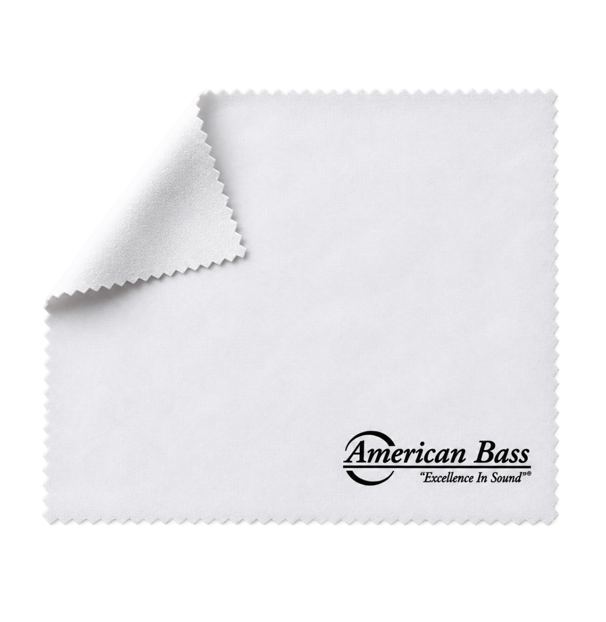 An American Bass Audio Multipurpose Cleaning Cloth, measuring 8″ x 8″, is shown in white microfiber with one corner folded over. The lower right corner features the American Bass Audio logo and the slogan “Excellence In Sound” printed in black.