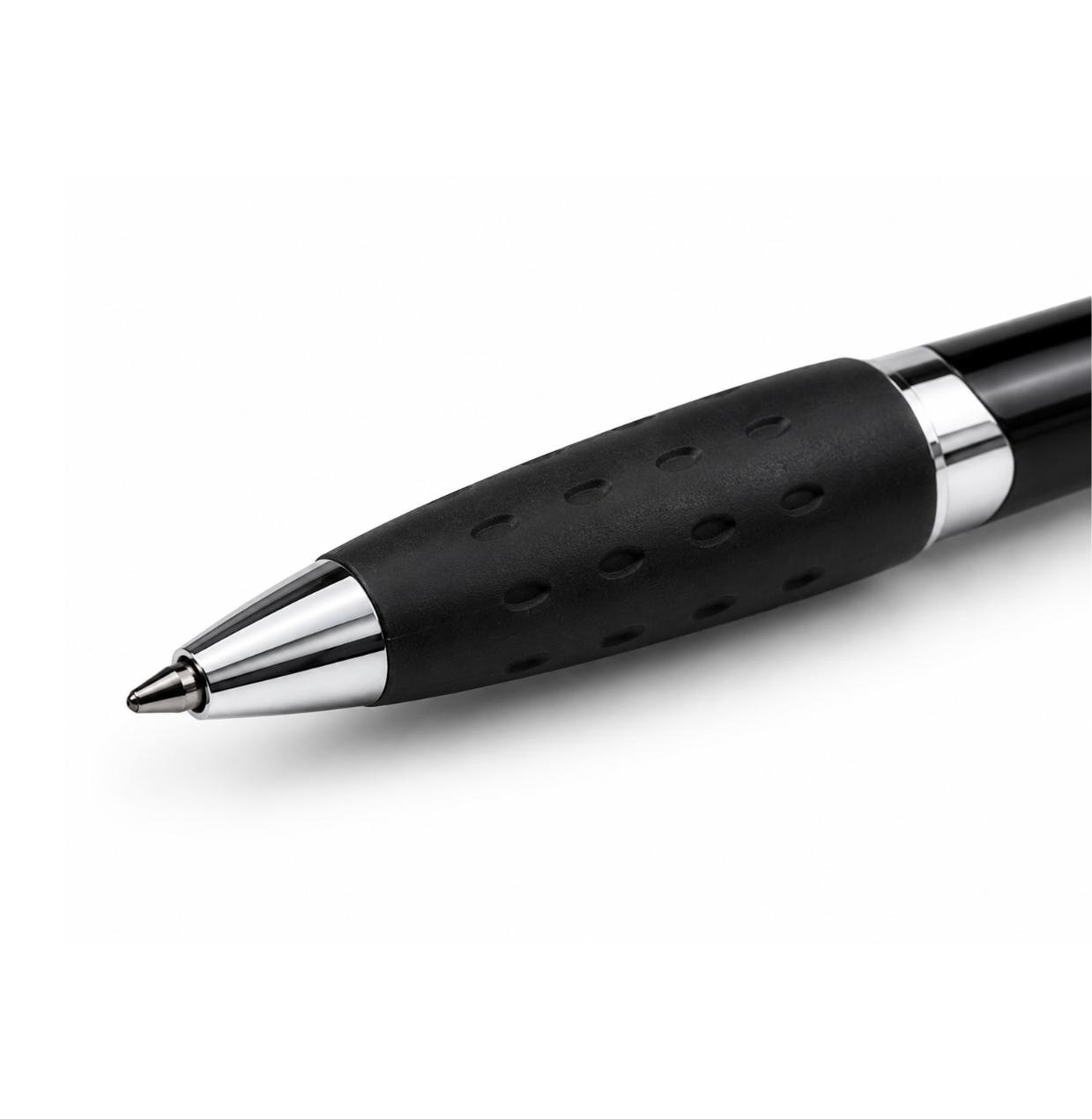 Close-up of the American Bass Audio Cubano Pen - Black & Silver, featuring a textured rubber grip and shiny silver accents on a white background—an ideal giveaway for trade shows or dealer swag.
