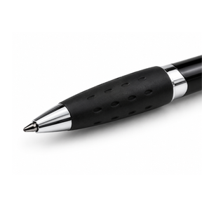 Close-up of the American Bass Audio Cubano Pen - Black & Silver, featuring a textured rubber grip and shiny silver accents on a white background—an ideal giveaway for trade shows or dealer swag.