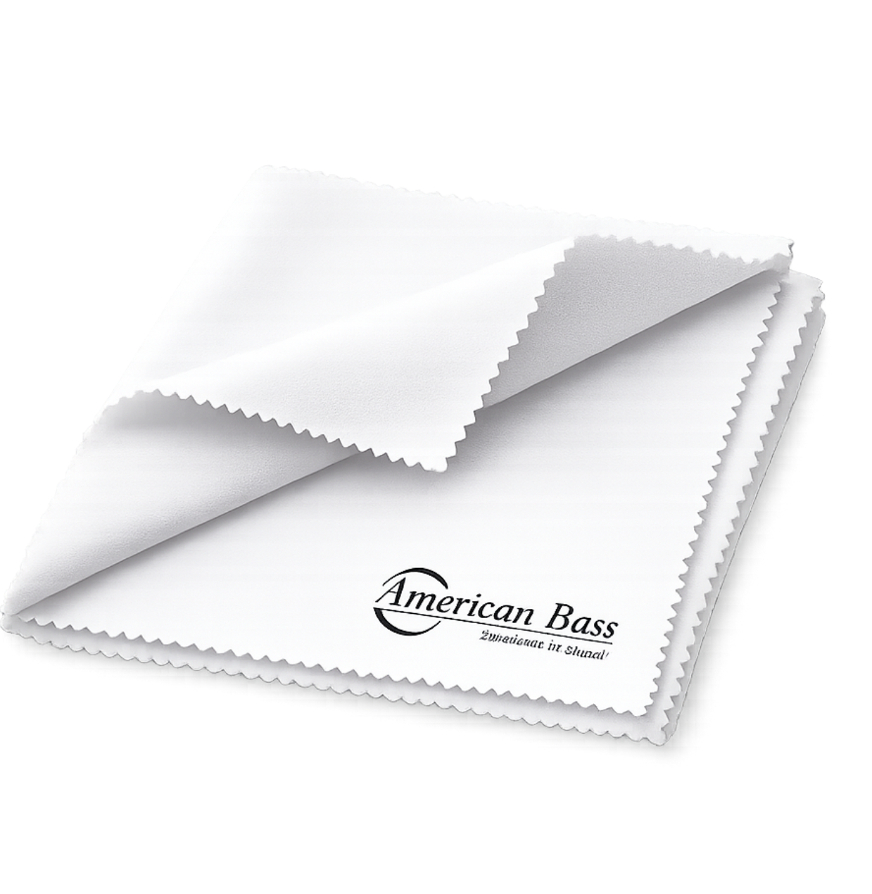 An 8″ x 8″ American Bass Multipurpose Cleaning Cloth from American Bass Audio, featuring zigzag edges and the American Bass logo printed in black on a folded white cloth.
