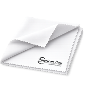 An 8″ x 8″ American Bass Multipurpose Cleaning Cloth from American Bass Audio, featuring zigzag edges and the American Bass logo printed in black on a folded white cloth.