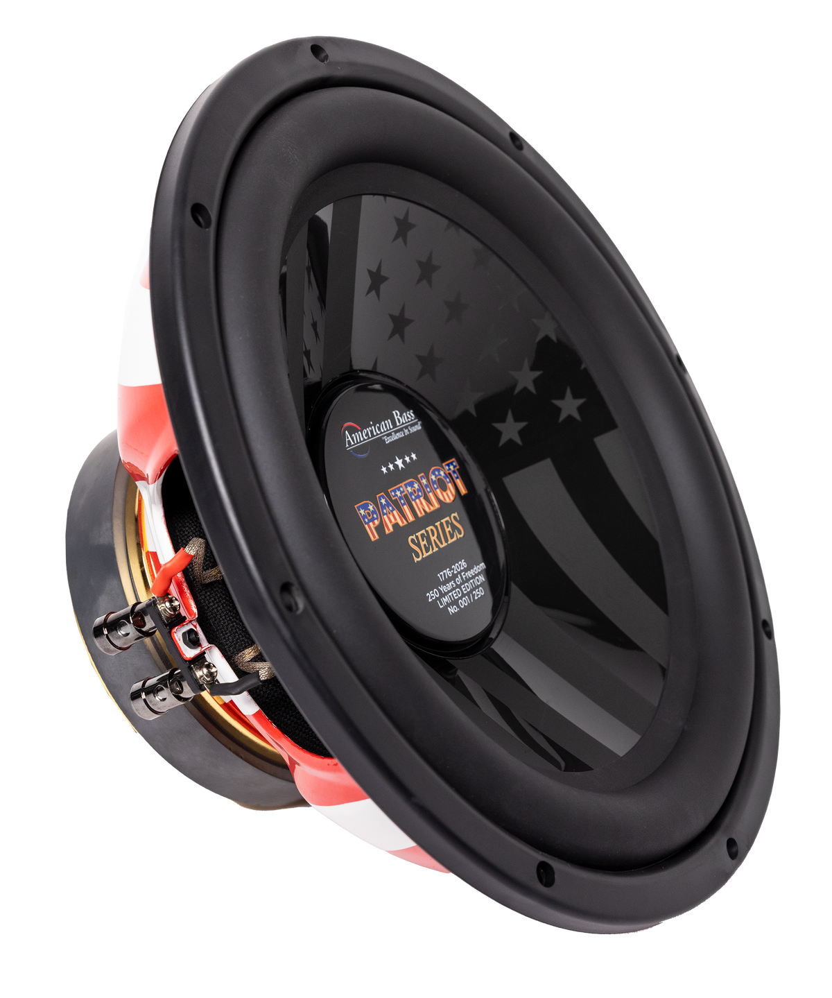 A close-up of the American Bass Audio Patriot Series Limited 250 Edition 12" Subwoofer, showcasing its black cone with a subtle American flag design and red, white, and blue accents on the frame.