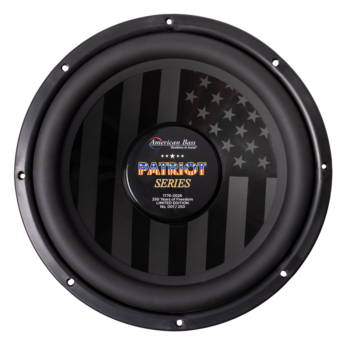The American Bass Audio Patriot Series Limited 250 Edition 12" Subwoofer features a round black design, a subtle American flag on the cone, and a logo label in the center, marking it as an exclusive subwoofer numbered 007/250.