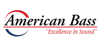 American Bass logo with the words American Bass above a red line, a red and blue semicircle on the left, and the slogan Excellence In Sound in red italics on the right.
