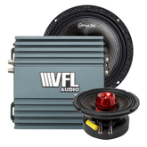 Three car audio components from American Bass Audio’s Biker Rebel Bundle—including the VFL Rebel REBEL-900.4 weatherproof amplifier in gray, two 6.5″ Biker midrange speakers (one featuring a red center and visible yellow capacitor)—are all isolated on a white background. Ideal for upgrading motorcycle audio systems.